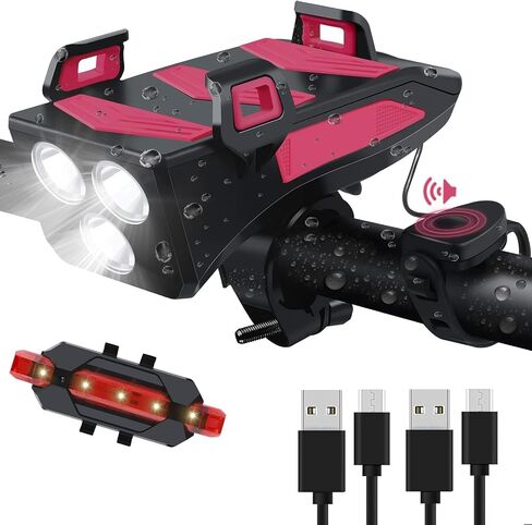 ضوء الدراجة، 3LED USB قابل لإعادة الشحن 4000 مللي أمبير في الساعة، مصابيح أمامية مقاومة للماء ومجموعة مصابيح LED خلفية للدراجة مع حامل هاتف بقرن بنك الطاقة يناسب جميع الدراجات الهوائية وركوب الدراجات الجبلية in Saudi Arabia