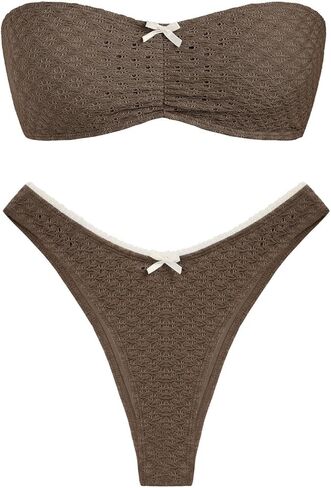 ZAFUL المرأة بيكيني بدون حمالات مخرم محكم القوس Ruched الدانتيل يصل عالية قطع العصابة ملابس السباحة مايوهات in Saudi Arabia