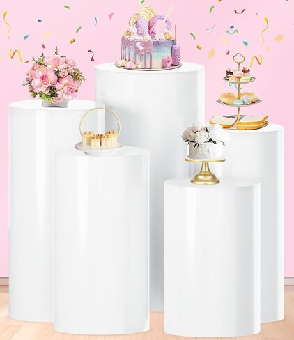 White Cylinder Stands for Party 5 PCS Plastic Cylinder Pedestal Stand Cylinder Plinth Display Box Stand Round Pillar Pedestal Stand Large Cylinder Table for Wedding Party in Saudi Arabia