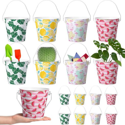 16 Pcs Small Metal Beach Bucket Sand Bucket 4.4 x 5.4 x 6.4 Inches Hawaiian Mini Drink Bucket with Handles for Summer Beach Theme Birthday Party Favors(Fresh) in Kuwait