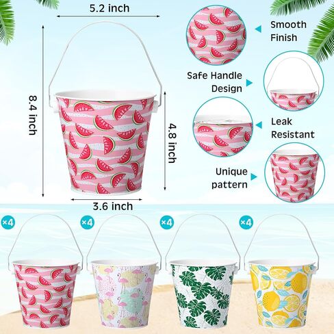 16 Pcs Small Metal Beach Bucket Sand Bucket 4.4 x 5.4 x 6.4 Inches Hawaiian Mini Drink Bucket with Handles for Summer Beach Theme Birthday Party Favors(Fresh) in Kuwait