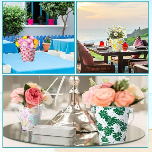16 Pcs Small Metal Beach Bucket Sand Bucket 4.4 x 5.4 x 6.4 Inches Hawaiian Mini Drink Bucket with Handles for Summer Beach Theme Birthday Party Favors(Fresh) in Kuwait