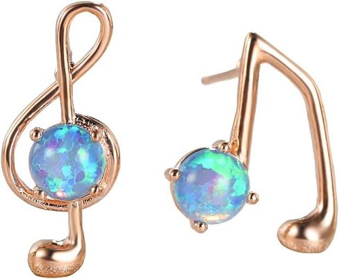 Opal Music Note Asymmetrical Stud Earrings for Women Girls White Gold Plated Round Created Opal Ear Piercing Dangle Drop Earring Fashion Jewelry Gifts Sensitive Ears in Saudi Arabia