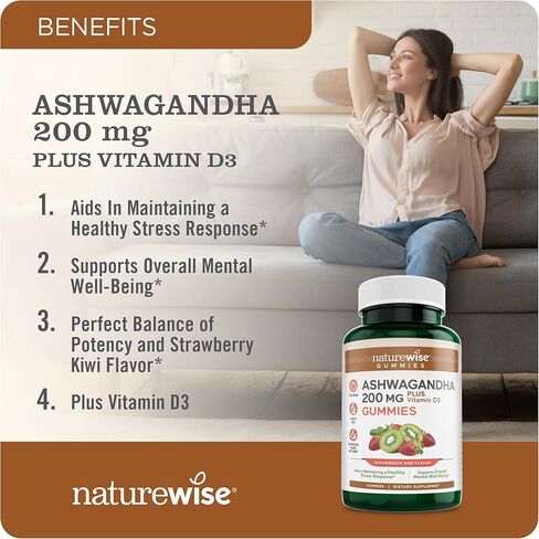 علكة NatureWise Ashwagandha - فراولة الكيوي - KSM-66 أشواغاندا مع فيتامين D3 - دعم المزاج المهدئ - نباتي - غير معدّل وراثيًا، خالي من الجيلاتين والغلوتين - عدد 180 [كمية لمدة 3 أشهر] in Kuwait