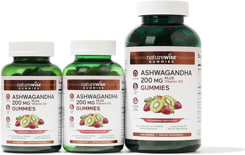 علكة NatureWise Ashwagandha - فراولة الكيوي - KSM-66 أشواغاندا مع فيتامين D3 - دعم المزاج المهدئ - نباتي - غير معدّل وراثيًا، خالي من الجيلاتين والغلوتين - عدد 180 [كمية لمدة 3 أشهر] in Kuwait