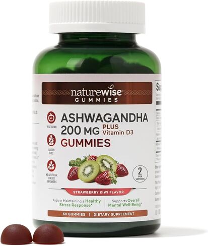 علكة NatureWise Ashwagandha - فراولة الكيوي - KSM-66 أشواغاندا مع فيتامين D3 - دعم المزاج المهدئ - نباتي - غير معدّل وراثيًا، خالي من الجيلاتين والغلوتين - عدد 180 [كمية لمدة 3 أشهر] in Kuwait