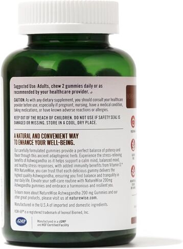 علكة NatureWise Ashwagandha - فراولة الكيوي - KSM-66 أشواغاندا مع فيتامين D3 - دعم المزاج المهدئ - نباتي - غير معدّل وراثيًا، خالي من الجيلاتين والغلوتين - عدد 180 [كمية لمدة 3 أشهر] in Kuwait