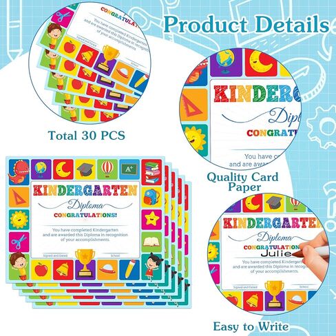WhatSign 30 قطعة شهادة التخرج من رياض الأطفال دبلوم ما قبل المدرسة شهادات إنجاز رياض الأطفال للطفل شهادة الإنجاز جوائز الطلاب لوازم الفصول الدراسية لمعلم المدرسة الابتدائية in Kuwait