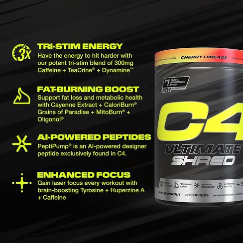 Cellucor C4 Ultimate Shred Pre Workout Powder, Metabolism Supplement with Cayenne Extract+300mg Caffeine+TeaCrine+Dynamine - Orange Creamsicle, 20 Servings in Saudi Arabia