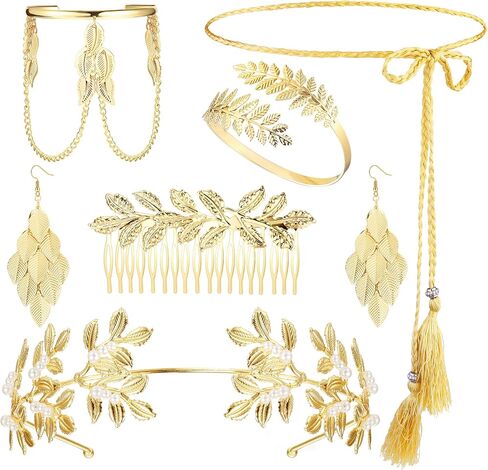 FINREZIO Greek Goddess Costume Accessories Set for Women Leaf Headband Armband Bracelet Golden Laurel Leaves Crown Artificial Dangle Earrings Bridal Wedding Headpiece Party Toga Jewelry in Saudi Arabia
