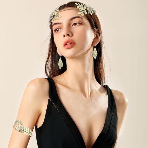 FINREZIO Greek Goddess Costume Accessories Set for Women Leaf Headband Armband Bracelet Golden Laurel Leaves Crown Artificial Dangle Earrings Bridal Wedding Headpiece Party Toga Jewelry in Saudi Arabia