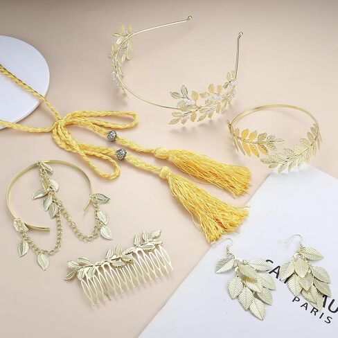 FINREZIO Greek Goddess Costume Accessories Set for Women Leaf Headband Armband Bracelet Golden Laurel Leaves Crown Artificial Dangle Earrings Bridal Wedding Headpiece Party Toga Jewelry in Saudi Arabia