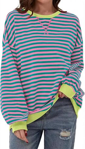 Women's Oversized Striped Sweatshirt 2024 Fall Pullover Color Block Tunic Tops Outfits with Pocket in Saudi Arabia