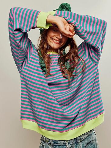 Women's Oversized Striped Sweatshirt 2024 Fall Pullover Color Block Tunic Tops Outfits with Pocket in Saudi Arabia
