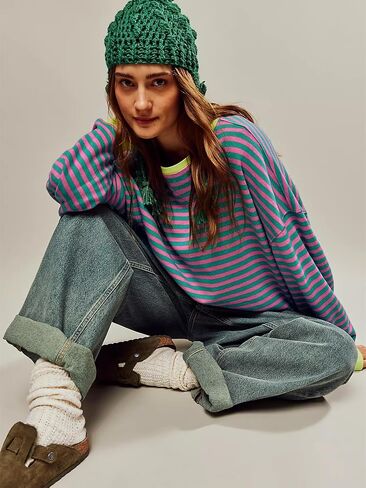 Women's Oversized Striped Sweatshirt 2024 Fall Pullover Color Block Tunic Tops Outfits with Pocket in Saudi Arabia
