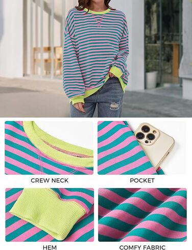 Women's Oversized Striped Sweatshirt 2024 Fall Pullover Color Block Tunic Tops Outfits with Pocket in Saudi Arabia