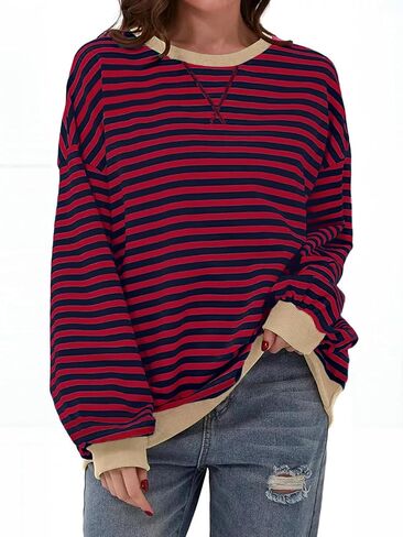 Women's Oversized Striped Sweatshirt 2024 Fall Pullover Color Block Tunic Tops Outfits with Pocket in Saudi Arabia