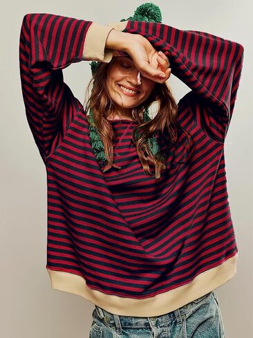 Women's Oversized Striped Sweatshirt 2024 Fall Pullover Color Block Tunic Tops Outfits with Pocket in Saudi Arabia