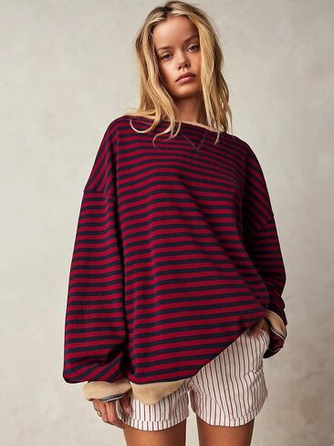 Women's Oversized Striped Sweatshirt 2024 Fall Pullover Color Block Tunic Tops Outfits with Pocket in Saudi Arabia