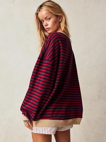 Women's Oversized Striped Sweatshirt 2024 Fall Pullover Color Block Tunic Tops Outfits with Pocket in Saudi Arabia