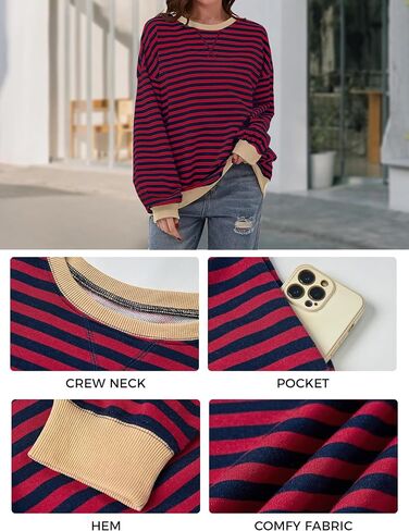 Women's Oversized Striped Sweatshirt 2024 Fall Pullover Color Block Tunic Tops Outfits with Pocket in Saudi Arabia
