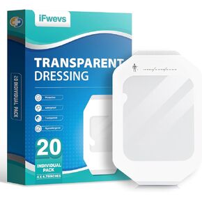 20 Pack Transparent Film Dressing, 4 in x 4.75 in Waterproof Wound Bandage Adhesive Patches for Post Surgical Shower, Transparent Film Dressing for IV Shield and Tattoo Aftercare