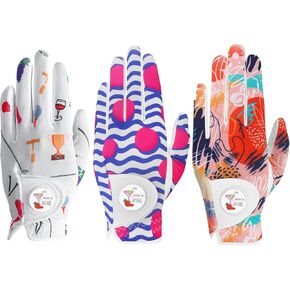 Golf Gloves Women Right Handed Golfer Left Hand with Ball Marker 3 Pack, Ladies Breathable Soft All Weather Grip Printed Pattern Colored Glove