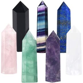 7 PCS Healing Crystal Wands | 2" Amethyst, Rose Quartz,Clear Quartz,Black Obsidian,Green Fluorite, Lapis Lazuli,Rainbow Fluorite| 6 Faceted Reiki Chakra Meditation Therapy