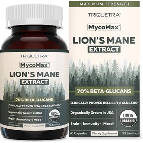MycoMax Lions Mane Supplement - 70% Beta Glucans, Max Potency Organic Lions Mane Extract, US Grown + Ultrasonic Extraction - 500 mg serving - Supports Mental Clarity, Focus and Memory - 60 Capsules