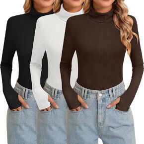 Huukeay 3 Pack Women's Long Sleeve Turtleneck Tops, Slim Fit Ribbed Pullover with Thumbhole Mock Neck T-shirts Underwear Top