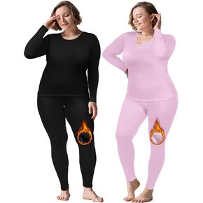Patelai 2 Sets Plus Size Long Thermal Underwear for Women Fleece Lined Base Layer Pajama Top and Bottom Cold Weather