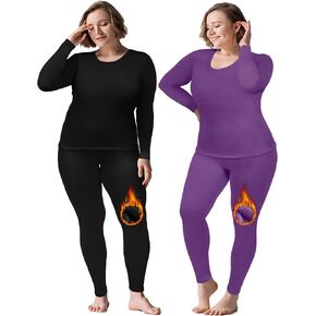 Patelai 2 Sets Plus Size Long Thermal Underwear for Women Fleece Lined Base Layer Pajama Top and Bottom Cold Weather