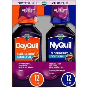 VICKS DayQuil & NyQuil Elderberry Flavor Cold & Flu Relief Co-Pack, Powerful Multi-Symptom Daytime and Nighttime Relief for Headache, Fever, Sore Throat, Minor Aches and Pains, and Cough, 2x12 FL OZ