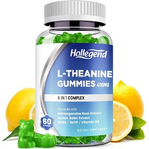L-Theanine Gummies, l'theanine 400mg with Ashwagandha, GABA, 5HTP, Chewable L-Theanine Supplement for Relax, Zzz & Focus Support, Vegan, Lemon Flavor, 60 Counts