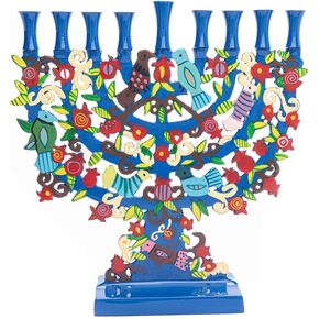Yair Emanuel Large Blue Menorah with a Tree Design and Birds in Lazer-Cut Metal