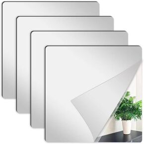 4 Pack Self-Adhesive Acrylic Mirror, Flexible Mirror Sheets Wall Stickers Frameless Mirrors Set 12 x 12 in Self Adhesive Acrylic Square Mirror for Bathroom Home Gym Door Mirror