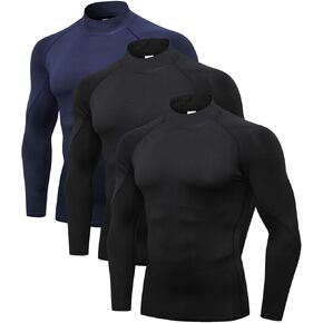Odoland Mens 3 Pack Long Sleeve Compression Shirts, Athletic Mock Turtleneck Shirts, Active Workout Cool Dry Base Layer Top