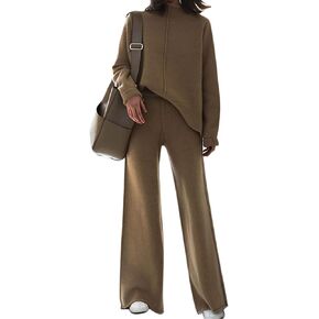 Fixmatti Women Knit Sweatsuit Turtleneck Sweater Top and Wide Leg Pant 2 Piece Outfits