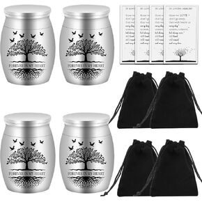 4 Set Small Urns for Ashes Tree of Life Cremation Urns 1.57 Inch Silver Ashes Keepsake Funeral Urn with Memorial Cards and Velvet Bag for Human/Pet Ashes-Forever in My Heart, AIOMOB4
