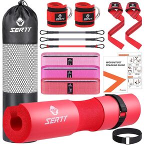 12Pcs Foam Barbell Pad Set for Squats, SERTT Hip Thrust Pad Gym Essentials Set for Workout, 1 Gym Pad, 1 Carry Bag, 2 Lifting Strap, 2 Ankle Cuffs, 3 Ankle Risistance Band, 3 Hip Resistance Bands