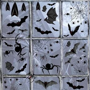 Halloween Window Clings Stickers, 112pcs Black Bats Spiders Halloween Party Decorations PVC Double Side Static Removable Window Ornaments for Halloween Party Supplies DIY Window Decals Festival Decor