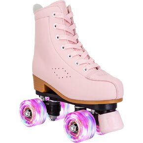 YYW Roller Skates for Girls and Women, Fantastic Pink Purple PU Leather Light Up Kids Youth Roller Skates, Indoor Outdoor Roller Skates Girls Ages 8-12