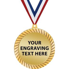 2.5" Gold Diamond Cut Engraving Medal Award with Neck Ribbon, Custom Free Engraving