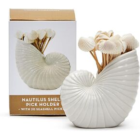 Two's Company Nautilus Shell with 20 Seashell Picks, 3-inch Height, Ceramic, Toothpick Holder