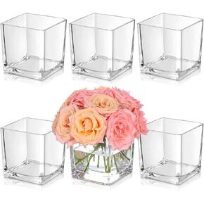 KEYWING 6 Pack Square Glass Vase 4" x 4" x 4", Clear Flower Vases for Centerpieces, Square Glass Cube Vase Candle Holder for Wedding, Party, Home Office Decoration