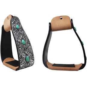 CHALLENGER Horse 5" Black Slanted Offset Angled Saddle Stirrups Green Turquoise Stone 51225