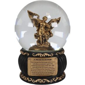Ebros Guardian Holy Archangel Saint Michael Trampling Satan Glitter Water Globe with Prayer Plaque Gold Scroll Art Base 5.25" Tall Guido Reni Inspired Catholic Church Snow Globes Decor Figurine