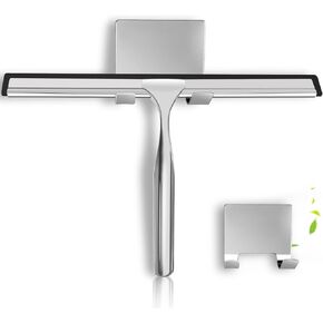 Shower Squeegee for Glass Doors, Stainless Steel Squeegee for Shower Glass with Adhesive Hook, 10’’ Multi-Purpose Window Squeegee for Window Cleaning, Bathroom, Glass, Car Windows, Mirrors, Tiles