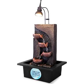 SereneLife 4-Tier Desktop Electric Water Fountain Decor Illuminated w/ LED Spotlight - Indoor Outdoor Portable Tabletop Decorative Zen Waterfall Kit Include Submersible Pump & 12V Adapter - SLTWF83LED
