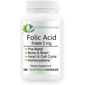 Folic Acid Folate 5mg (B9) Prenatal, Reproductive Health, Homocysteine, Metabolism, Cardiovascular, Bone, Immune Support, Allergen Free, Non GMO - 100 Vegan Capsules